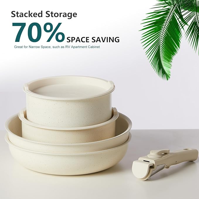 NEWBULIG Nonstick Kitchen Cookware Set, Pots and Pans with Detachable Handle, Induction Compatible, Dishwasher & Oven Safe, Space-Saving, Cream White, 12 Pieces(5 Pot)