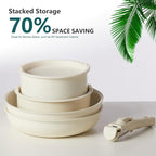 NEWBULIG Nonstick Kitchen Cookware Set, Pots and Pans with Detachable Handle, Induction Compatible, Dishwasher & Oven Safe, Space-Saving, Cream White, 12 Pieces(5 Pot)