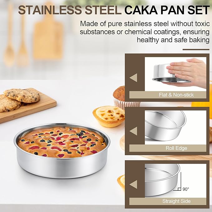 Homikit Round Cake Pan Set of 3, 8 Inch Stainless Steel Layer Cake Tins for Baking, Mirror Finish Bakeware for Wedding Birthday Baby Shower Party, Oven & Dishwasher Safe