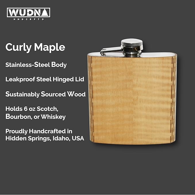 WUDN 6 oz. Wooden Hip Flask - Stainless Steel Body, Real Shimmering Maple