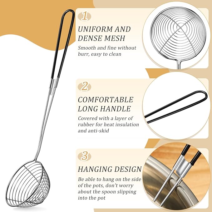 Geiserailie 4 Pieces 6 Pieces Hot Pot Kit Strainer Scoops Stainless Steel 2.5 Inch Mini Spider Strainer Skimmer Pasta Mesh Spoon Asian Skimmer Spoon Ladle with Handle for Home (Black)