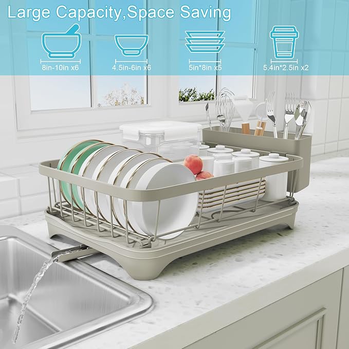 Dish Drying Rack for Kitchen Counter - Space Saving Drying Rack with Drainboard & Utensil Holders, Large Capacity Organizer for Bowls Cups, Countertop Dish Drainer Grey
