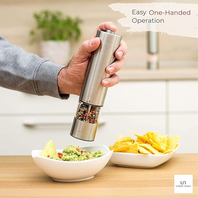 Electric Salt and Pepper Grinder Set - Stainless Steel Battery Operated Salt & Pepper Mills with Light (Pack of 2) - Automatic One Handed Operation Adjustable Ceramic Grinders