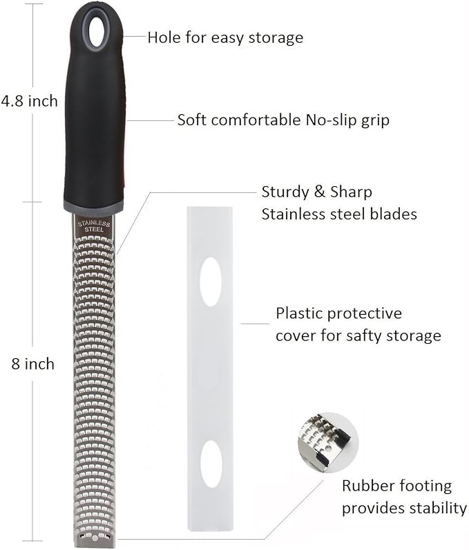 Lemon Zester, Stainless Steel Kitchen Cheese Grater, Plastic Cover Ergonomic Soft Black Handle