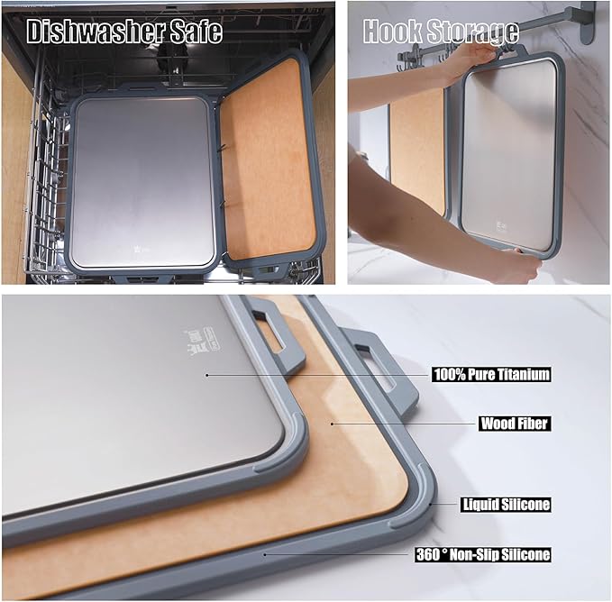 Titanium Cutting Board for Kitchen, Cutting Board Double Sided with Juice Groove, Food Grade Pure Titanium and Wood Fiber Composite, for Chopping Meat/Vegetables/Fruit Dishwasher Safe 16"×11"