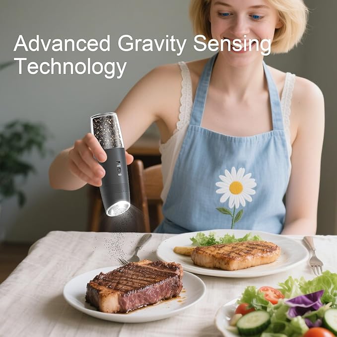 Electric Salt and Pepper Grinder Set – Rechargeable Gravity Automatic Pepper Mill Gift Set with LED Light & 6 Adjustable Coarseness