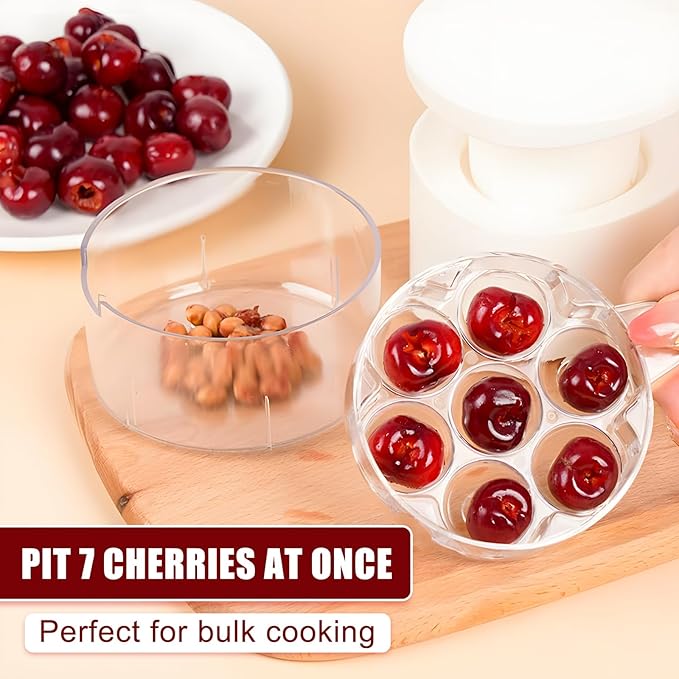 Cherry Pitter, 7-Hole Push-Type Cherry Pitter with Pit Storage Tray, Efficient Pit Removal, Multi-Particle Separator, Fruit Seed Remover Tool (White)