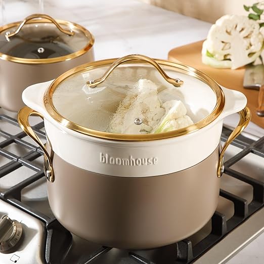 Bloomhouse - Two Time Oprah's Favorite Things Winner - 8 Piece Pots and Pans Heavy Duty Aluminum Premium PFA Free Ceramic Nonstick Dutch Oven Pot with Lid - Cappuccino Cream with Gold Handle