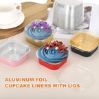 HARFINGTON 40Pack 10oz Disposable Mini Cake Pans with Lids and Spoons Red Aluminum Foil Square Baking Cupcake Dessert Cups Tin for Birthday Party