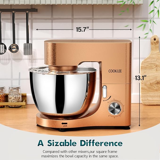 COOKLEE Stand Mixer, 9.5 Qt. 660W Electric Kitchen Mixer with Dishwasher-Safe Dough Hooks, Flat Beaters, Wire Whip & Pouring Shield Attachments for Most Home Cooks, Champagne