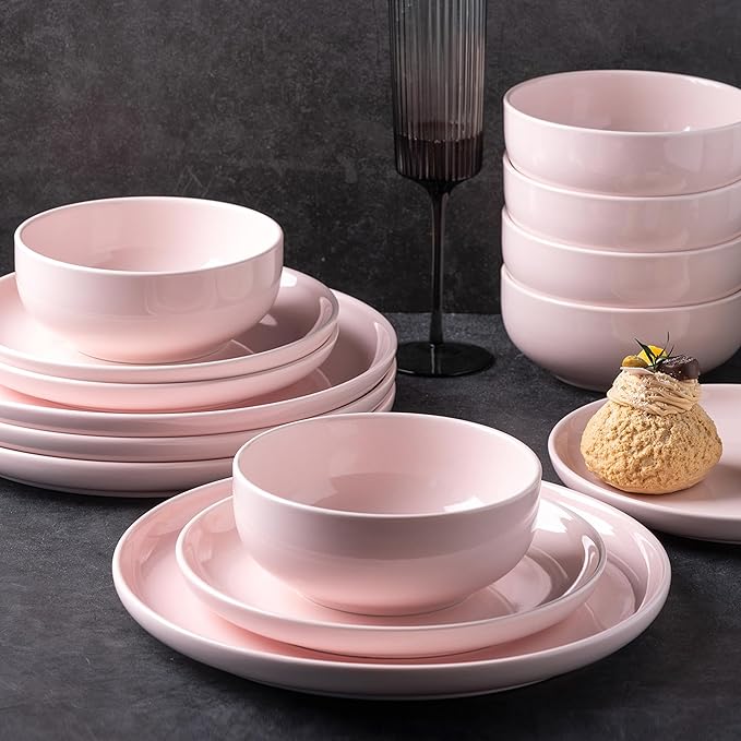 AmorArc Ceramic Plates Set of 6, 8.0 Inch Round Stoneware Salad Plates Use for Dessert, Salad, Appetizer etc,Microwave and Dishwasher Safe, Scratch Resistant Small Deep Dinner Plates-Pink