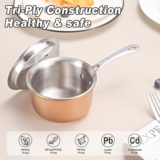 Mini Sauce Pan with Lid, Tri-Ply Stainless Steel Pot with Stay-Cool Handle & All Cooktop Compatibility (Gas, Ceramic, Electric) - Copper