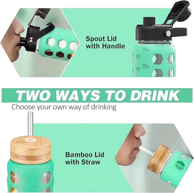 MUKOKO Glass Water Bottles, 32oz Glass Tumbler with Straw, Drinking Bottles with 2 Lids-Handle Spout Lid&Bamboo Straw Lid, Motivational Water Bottle with Time Marker and Silicone Sleeve, 1 Pack-Green