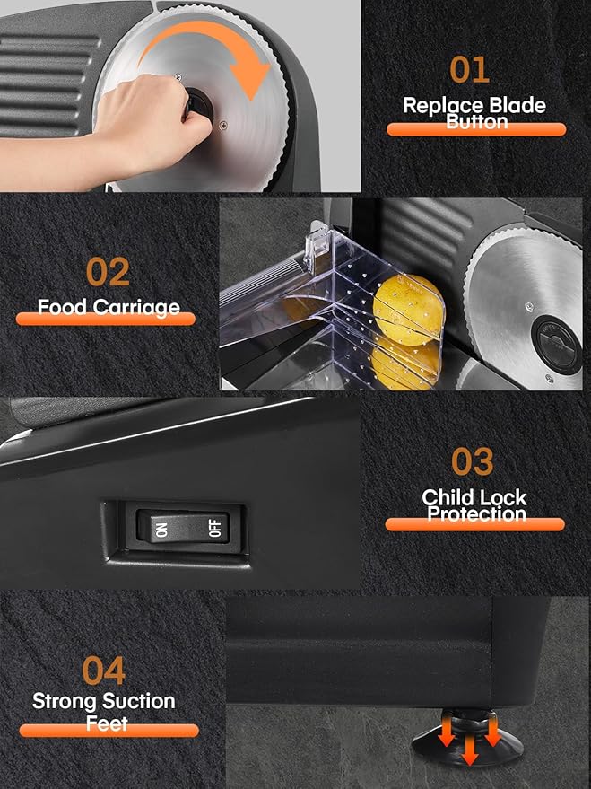 FOHERE Electric Meat Slicer 200W Deli Slicer for Home with Removable Two 7.5” Blades, 0-15mm Precision Thickness Adjustment Knob Cut Deli Food, Meat Ham Bread Fruit, Include Food Carriage, Black