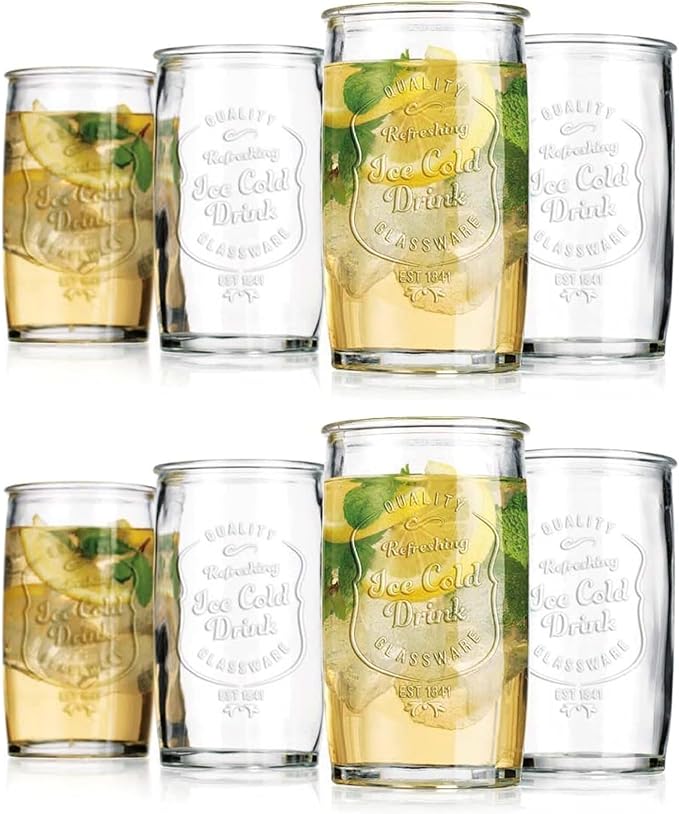 Glaver's Set of 8 Highball Glass Cups 20 OZ Stemless Tall Drinking Glasses For Everyday Use, Vintage Ice Cold Logo Tumbler Glassware for Bar, Juice, Cocktails, Beer, Water glasses.
