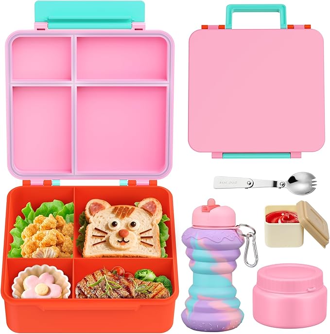 Bento Lunch Box for Kids with 9oz Soup Thermo, Leakproof Lunch Food Containers with 4 Compartment, Kids Thermo Hot Food Jar for School Travel