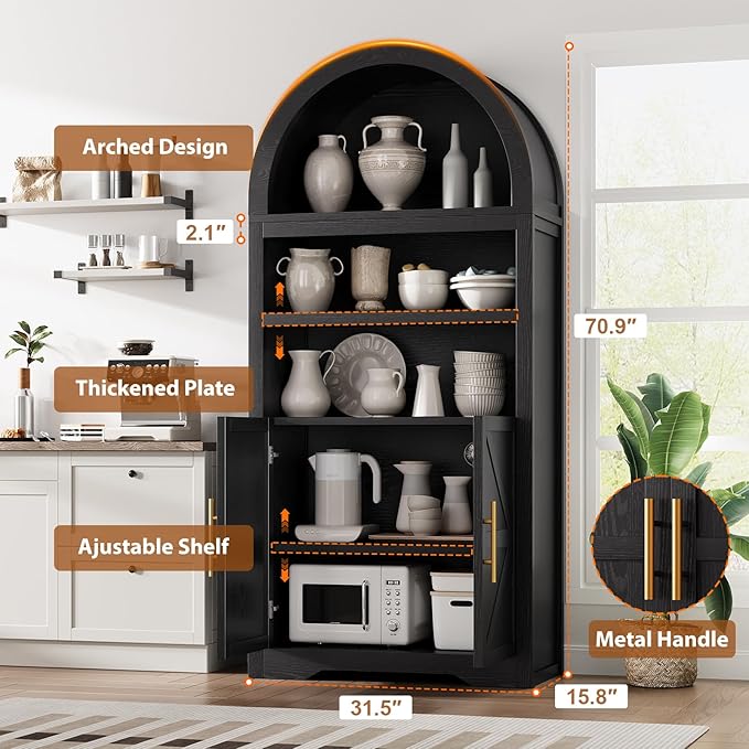 Kitchen Pantry Cabinet, Arched Bookshelf Bookcase China Pantry Storage Cabinet with Doors and Shelves,71“ Tall Food Pantry Funiture for Living Room,Dining Room (Black)