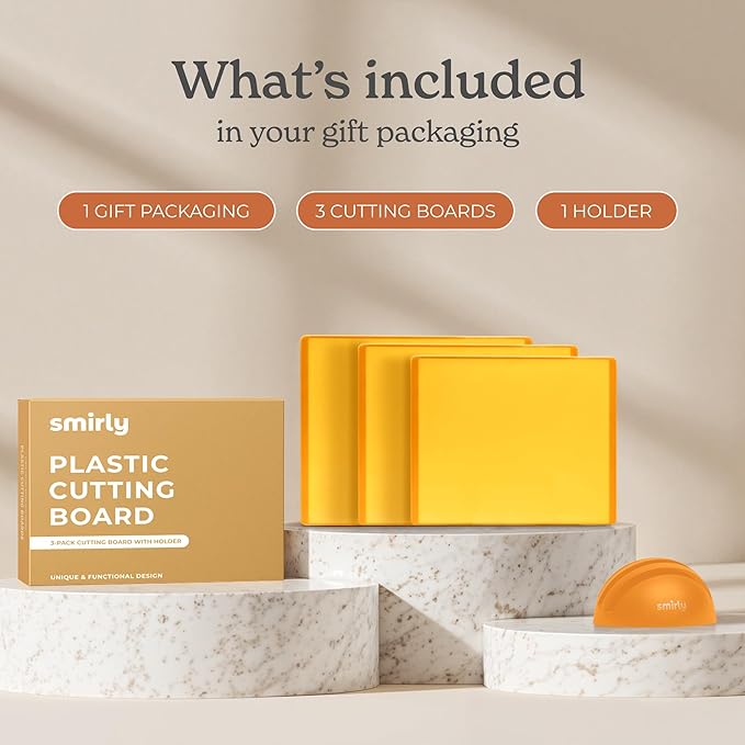 SMIRLY Plastic Cutting Board Set with Holder 3 Pieces, Non-Slip Dishwasher Safe Chopping Boards for Kitchen, Yellow