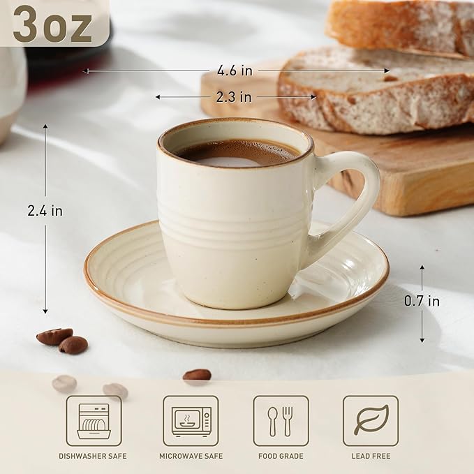 famiware Jupiter Espresso Cups and Saucers Set of 4, 3 oz Ceramic Small Coffee Mug with Handle, Spiral Stoneware Demitasse Cup for Tea, Latte, Cafe - Microwave & Dishwasher Safe, Vanilla White