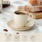 famiware Jupiter Espresso Cups and Saucers Set of 4, 3 oz Ceramic Small Coffee Mug with Handle, Spiral Stoneware Demitasse Cup for Tea, Latte, Cafe - Microwave & Dishwasher Safe, Vanilla White