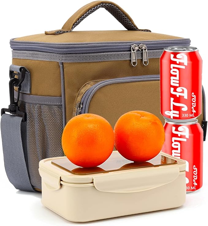 FlowFly Insulated Reusable Lunch Bag Adult Large Lunch Box for Women and Men with Adjustable Shoulder Strap,Front Zipper Pocket and Dual Large Mesh Side Pockets,Brown