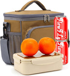 FlowFly Insulated Reusable Lunch Bag Adult Large Lunch Box for Women and Men with Adjustable Shoulder Strap,Front Zipper Pocket and Dual Large Mesh Side Pockets,Brown