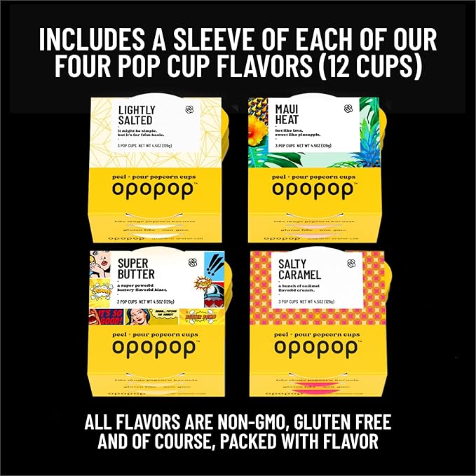Opopop Microwave Popcorn - Variety 12-Pack Gourmet Popcorn Kit, Collapsible Silicone Popcorn Popper, Popcorn Maker, Gluten Free Snacks Variety Pack, BPA-Free and Dishwasher Safe (New Flavors)