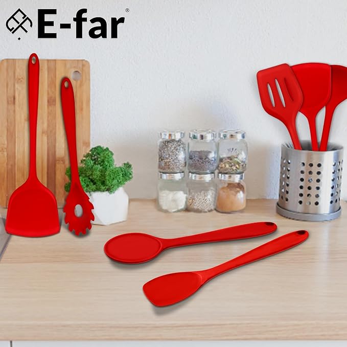 E-far 10 Pieces Silicone Cooking Utensils Set, Heat Resistant Kitchen Utensil Set for Nonstick Cookware, Kitchen Cooking Tools with Spatula, Spoon, Slotted Turner, Non-Toxic & Dishwasher Safe (Red)