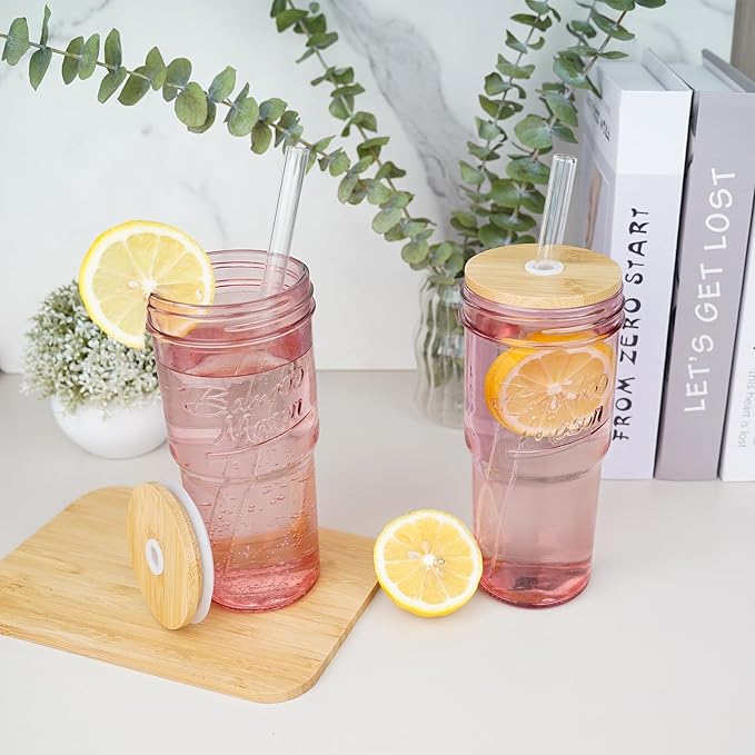 ANOTION Glass Cups with Lids and Straws, 24oz Pink Glass Tumbler Travel Coffee Mug Bamboo Mason Jar Iced Cup Smoothie Tea Clear Cute Water Drinking Jars Glasses
