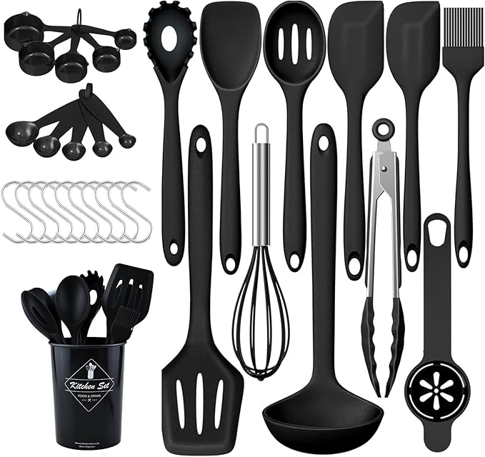 Kitchen Cooking Utensils Set Silicone Spatula Set-446°F Heat Resistant, Nonstick Black Cooking Set with Spatula, Spoon, Brush, Tongs Cooking Tools for New Kitchen/Home Essentials(32PCS)