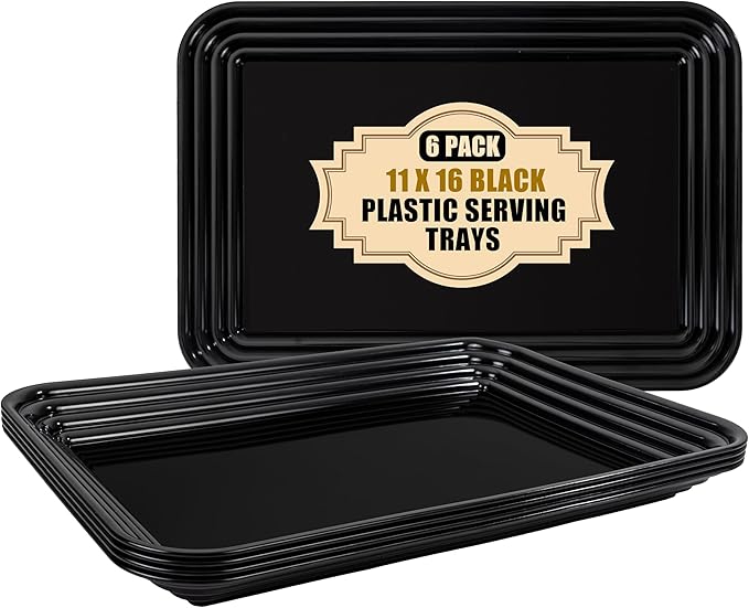 SUT 6-Pack Black Serving Trays for Entertaining-16 x 11" Serving Platters for Snacks, Fruit, Cookies Reusable Plastic Trays for Serving Food and Party Organization in Kitchen & Halloween Parties