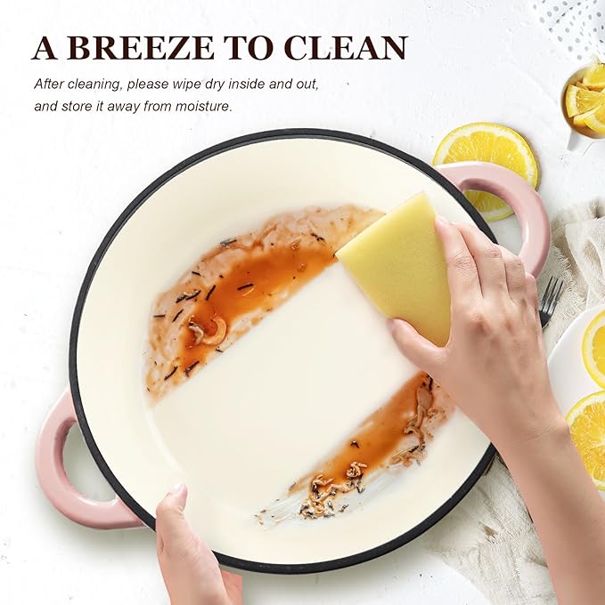 Overmont Enameled Cast Iron Dutch Oven - 7QT Pot with Lid Cookbook & Cotton Potholders - Heavy-Duty Cookware for Braising, Stews, Roasting, Bread Baking pink