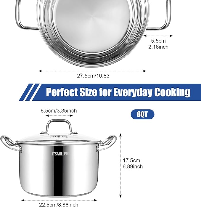 Stainless Steel Stock Pot - 8 Quart, Soup Pot Induction Compatible, Cooking Pot with Riveted Handle, Oven & Dishwasher Safe