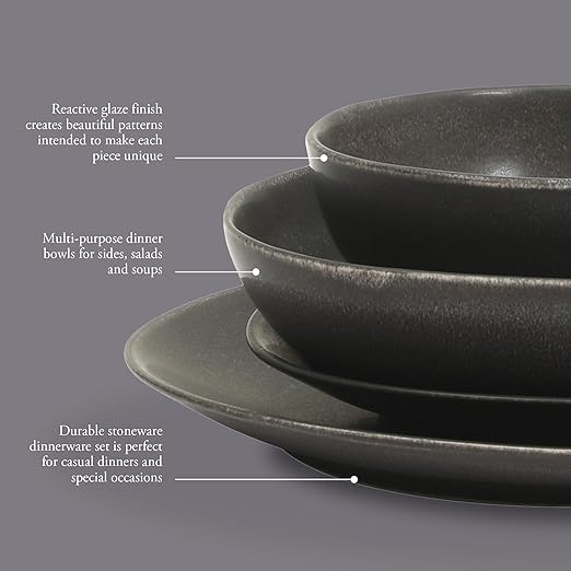 Gibson Elite Zion Mist 16 Piece Stoneware Reactive Glaze (Service for 4) Ceramic Plates and Bowls Modern Organic Dinnerware Set - Black