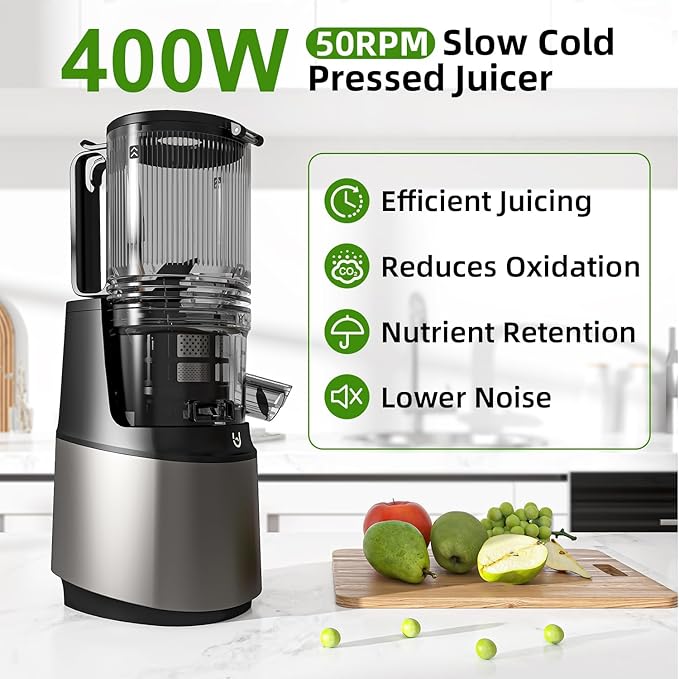 Cold Press Juicer, 5.3" Wide Feed Chute Juice Extractor Machine with 400W, High Juice Yield, Slow Masticating Juicer for Whole Vegetables & Fruits, Grey