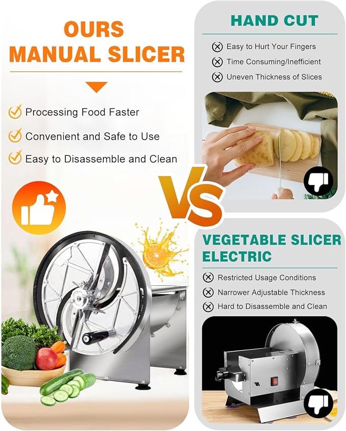 Commercial Vegetable Slicer - Manual Adjustable Thickness 0.2-13mm, Stainless Steel Lemon Slicer with 2* Extra Blades for Slicing Vegetable Tomato Onion Potato Cabbage Lime
