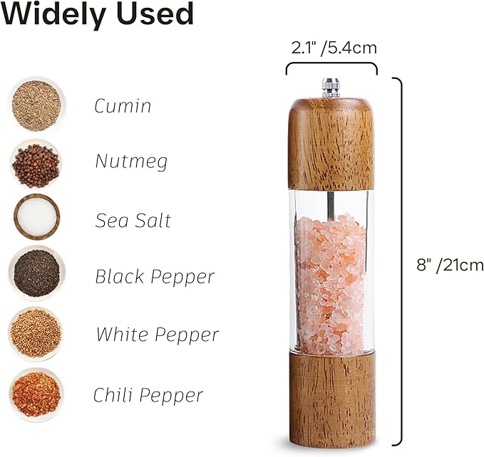 Wood Salt and Pepper Grinder, Salt Grinder and Pepper Mill, Oak Wood Shakers with Adjustable Ceramic Grinders - 8 inches, 1 Pack