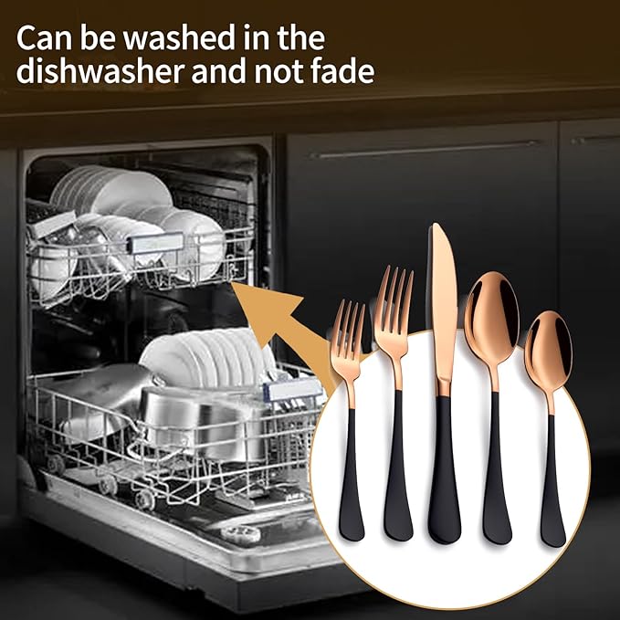 20-Piece Black and Rose Gold Silverware Set 18/0 Stainless Steel Silverware Set Black Handle Cutlery Set Service for 4 Dinner Knives Forks Spoons Set Flatware Set Finish Dishwasher Safe