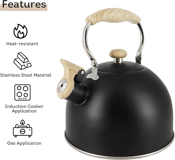 Lily's Home Whistling Tea Kettle, Teapot for Stovetop, Pleasant Whistle Sound, Heat Resistant Plastic Handle – Faux Wood Finish, Non Toxic Stove Kettle for Boiling Water - 2.5 Quarts (Black)