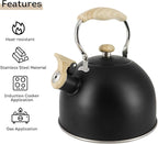 Lily's Home Whistling Tea Kettle, Teapot for Stovetop, Pleasant Whistle Sound, Heat Resistant Plastic Handle – Faux Wood Finish, Non Toxic Stove Kettle for Boiling Water - 2.5 Quarts (Black)