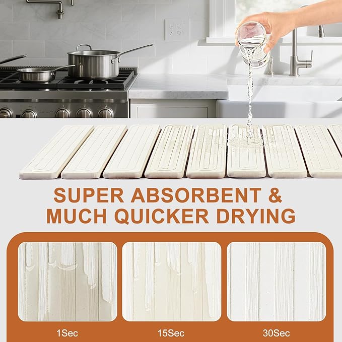 Large Stone Dish Drying Mat for Kitchen Counter, 24"x16" Quick Dry Collapsible Diatomaceous Earth Dish Drying Mat, Water Absorbent Drying Mat for Dishes Bottles Cups Bathroom, White with Grooves