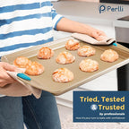 Perlli Baking Kit: Nonstick Gold Steel Oven Set - 10 Pieces, Cookie Sheets, Cake Pans, 9x13Pan with Lid, Loaf & Deep Pans, Pizza Crisper, Muffin Pan - Silicone Handles