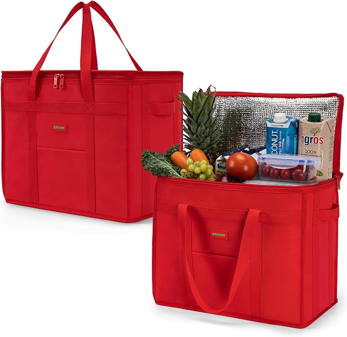 JUNGYOON 2-Pack Heavy-Duty Insulated Grocery Bags & Food Delivery Bag – Collapsible Cooler Bag with Zippered Top | Reusable Shopping Bags for Groceries, Picnics, Easy Storage(XL Red)