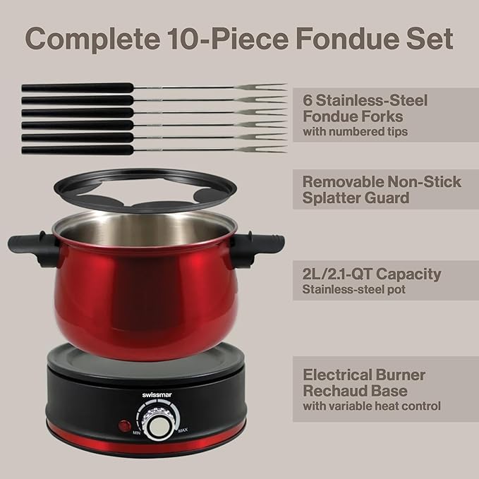 Swissmar Arolla 10 Pieces Stainless Steel Electric Fondue Set - Perfect Fondue Pot Electric Set for Cheese, Chocolate, Oil, Broth & More - Gift Ideas for Wedding, House Warming, Red, 2.1 Qt / 2L