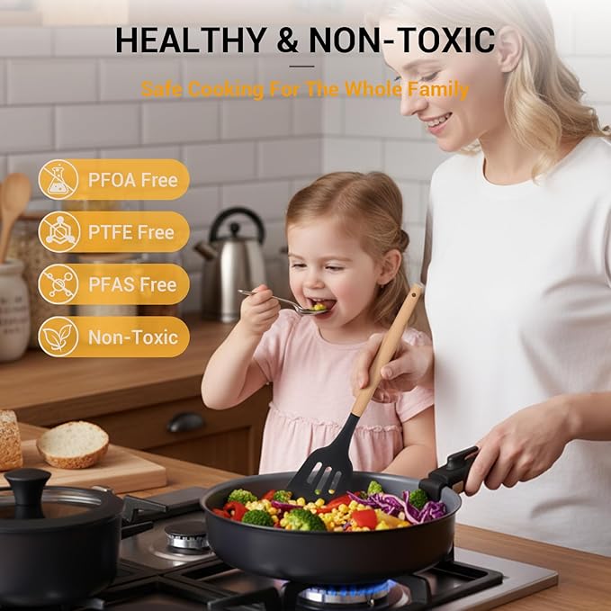 Ammeloo 18 Pcs Pots and Pans Set Non Stick, Induction Ceramic Cookware Set with Detachable Handle,Non Toxic Kitchen Cooking Set with Removable Handle for RVs,Camping,Fridge, Dishwasher/Oven Safe,Black