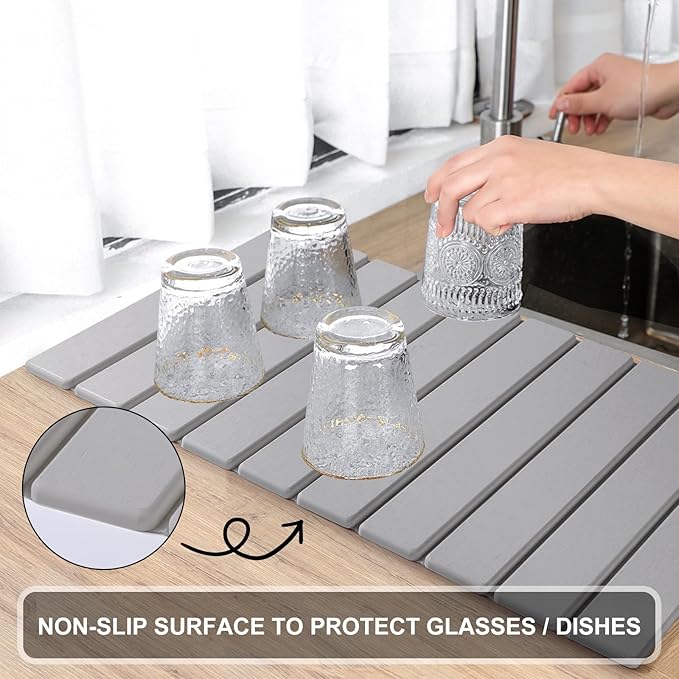 Large Stone Dish Drying Mat for Kitchen Counter – Foldable, Quick Dry, Ultra Absorbent Diatomaceous Earth Mat for Dishes, Bottles, Cups, Countertops & Bathroom, 24"×16" (Gray)