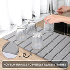 Large Stone Dish Drying Mat for Kitchen Counter – Foldable, Quick Dry, Ultra Absorbent Diatomaceous Earth Mat for Dishes, Bottles, Cups, Countertops & Bathroom, 24"×16" (Gray)