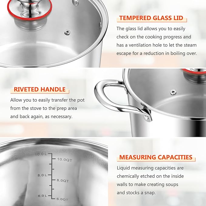 E-far 12-Quart Stock Pot, 18/10 Stainless Steel Stockpot with Lid for Cooking Simmering Soup Stew, Heavy Duty Cookware Works w/Induction, Non-toxic & Corrosion Resistant, Dishwasher Safe