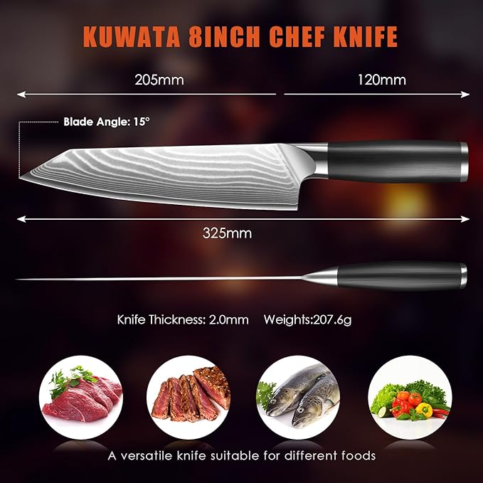Kuwata Japanese Kiritsuke Chef Knife, Professional Handcrafted 8 inch Kitchen Knife, Japan VG10 Super High Carbon Steel Chef's Knife, Ergonomic Handle Grip and Gift Box