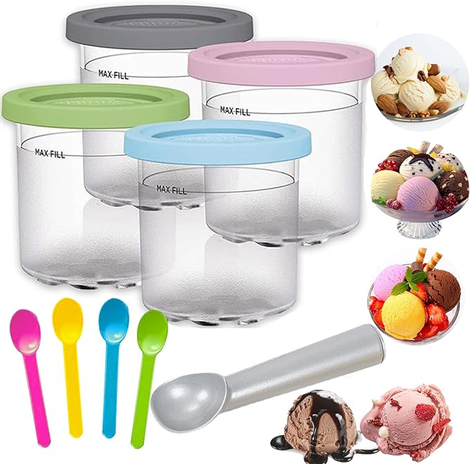 4 Pack Containers Replacement for Ninja,Creami Pints and Lids 16oz Compatible with Ninja NC299AMZ NC300 Series Deluxe Ice Cream Makers Cups Dishwasher Safe (16OZ)